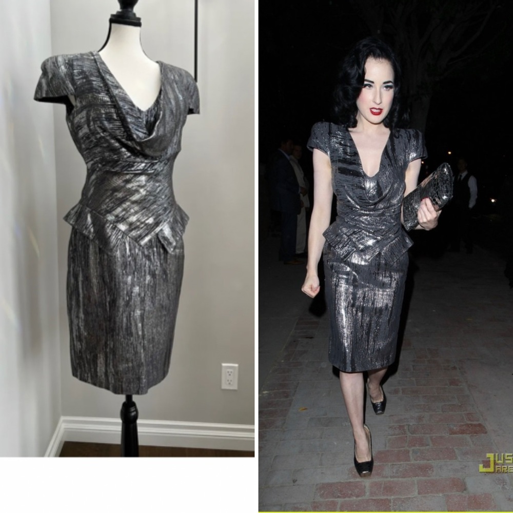 Alexander McQueen Metallic Charcoal Gray Draped Peplum Dress